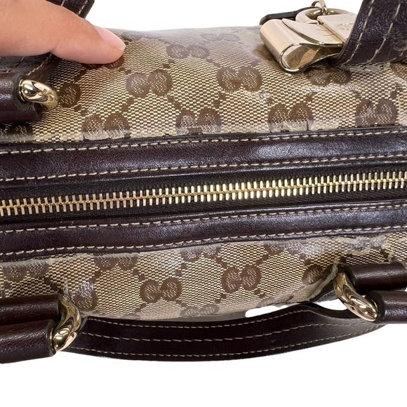 Authentic Gucci Satchel Bag Brown PVC Used GG Handbag Vintage - Picture 7 of 13